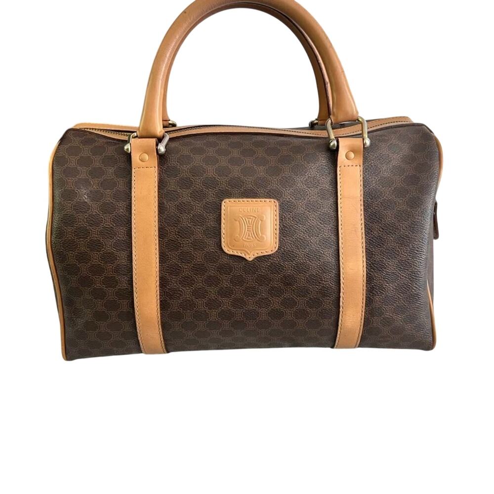 Celine Brown and Tan Hand Duffel Bag with Iconic Monogram